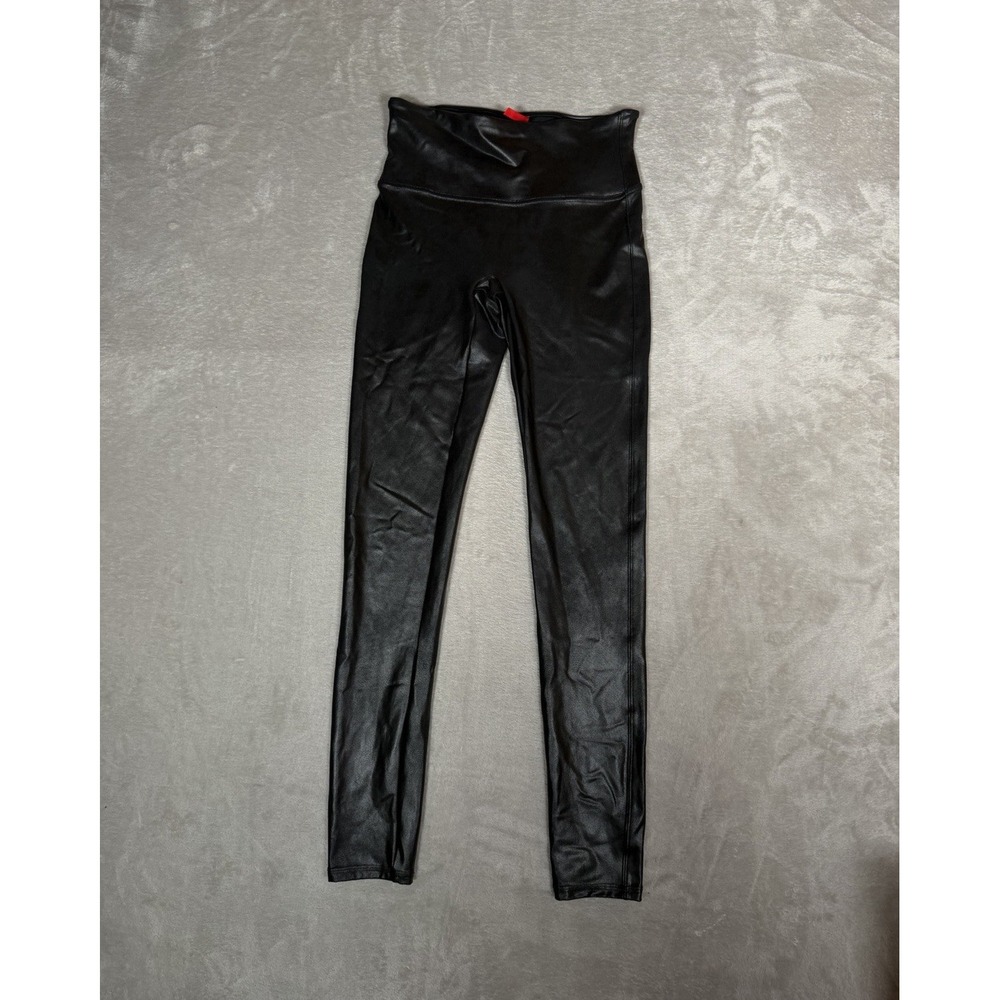 SPANX Women's Black Faux Leather Leggings High Rise Ankle Stretch Size M